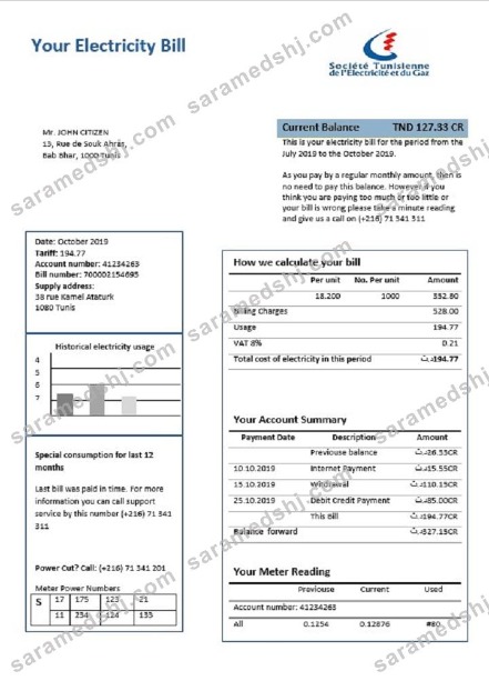 Tunisia electricity proof of address utility bill template in Word and PDF format
